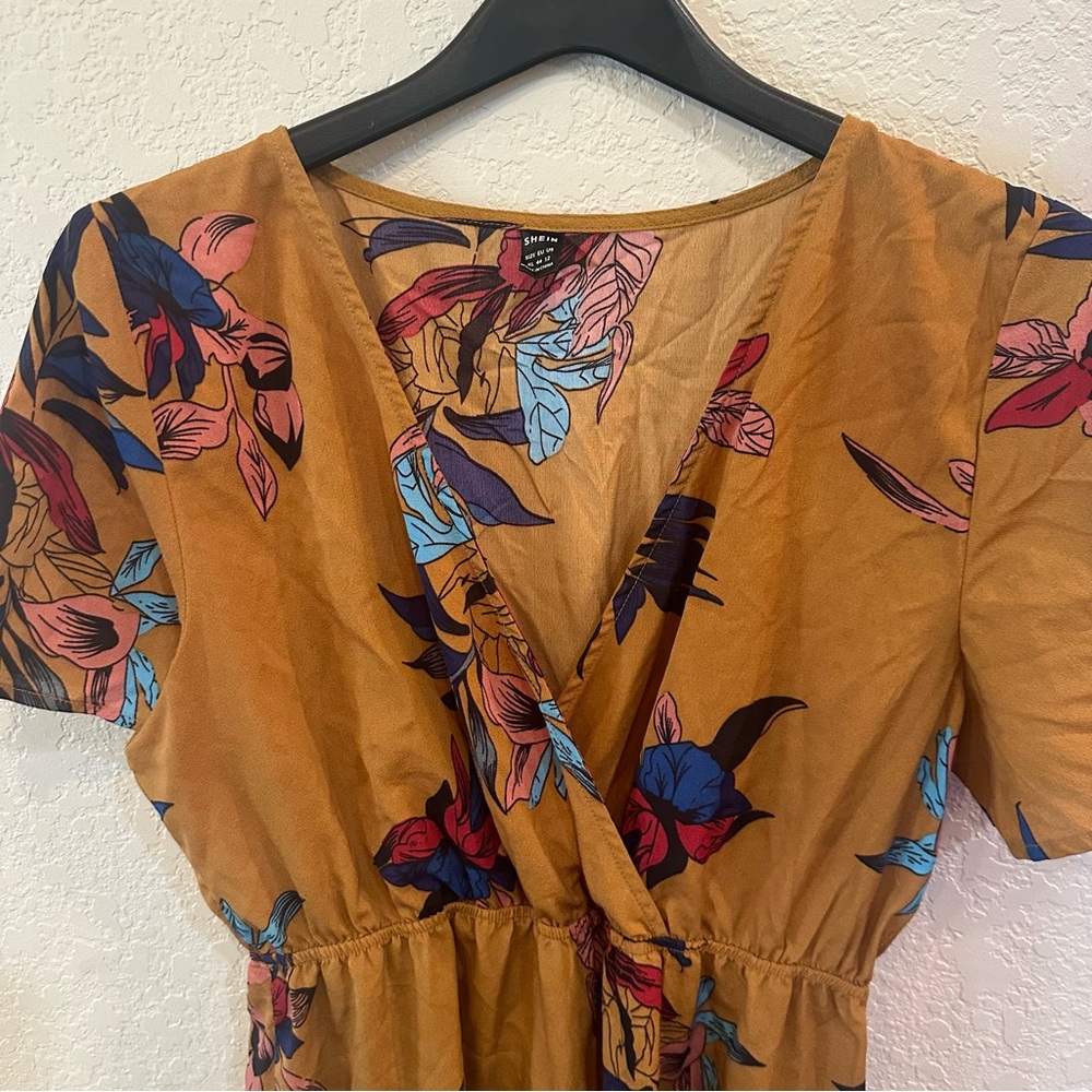 SHEIN XL Brown Floral Print Ruffle V-Neck Boho Fall Babydoll Mini Dress - Picture 5 of 8